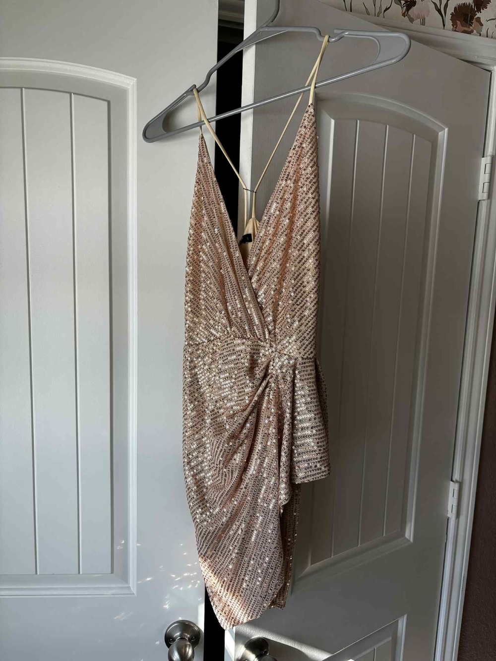 Sequin V-Neck Twist Front Cocktail Dress - Champagne